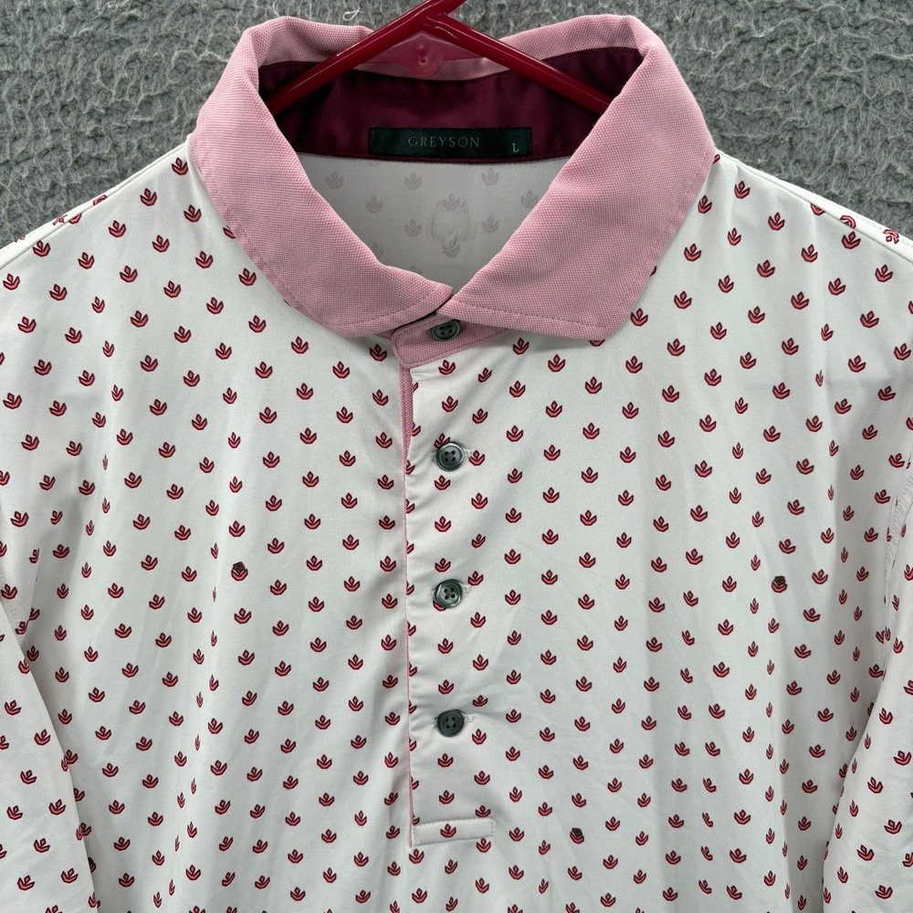 Greyson Polo Mens L White Pink Floral‎ All Over Print Short Sleeve Golf Shirt